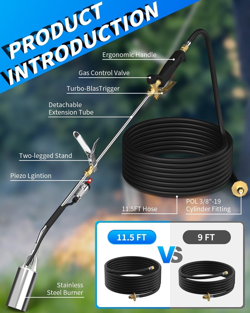 BEBOBLY Propane Torch Weed Burner Kit, Weed Torch High Output 340,000 BTU with 11.5FT Hose, Heavy Duty Blow Torch with Flame Control and Button Igniter, Flamethrower for Weeding, Roofing, Snow Melting, BBQ - Image 3